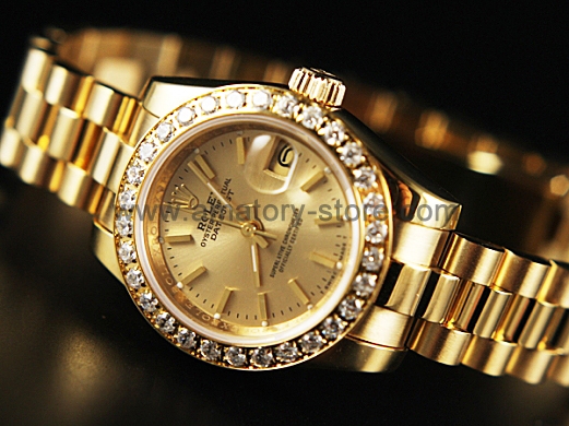 Rolex Date-Just Gold Case Gold Dial For Women