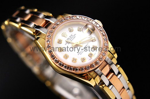 Rolex Date-Just Three Tone Case White Dial For Women