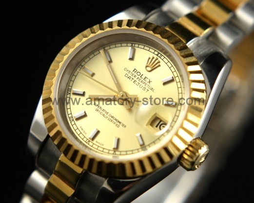 Rolex Date-Just Silver Case Gold Dial For Women