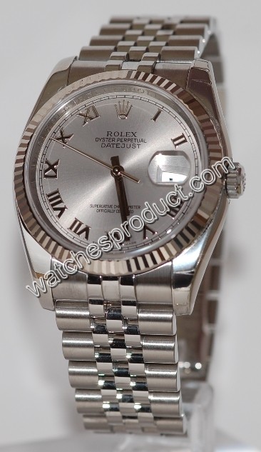 Rolex Rhodium Roman Numeral Dial Mens Watch 116234